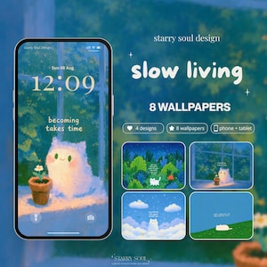 Può includere: Un set di sfondi digitali intitolato slow living di starry soul design con otto illustrazioni di un gatto bianco in varie ambientazioni, tra cui un davanzale con un fiore in vaso, una foresta stellata, nuvole e una collina per telefoni e tablet.