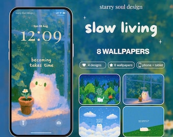 Pack de fonds d'écran Chat mignon, citation positive sur le slow living, fond d'écran pour téléphone et iPad, ensemble de fonds d'écran numériques pastel