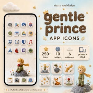 以下が含まれることがあります： フェルトのような質感のgentle princeアプリ用アイコンのデジタル表示。テーマに沿ったアイコンやウィジェットが並ぶスマートフォン画面に加え、少年、キツネ、バラ、星の個別アイコンが表示されており、gentle prince APP ICONSというテキストが添えられています。