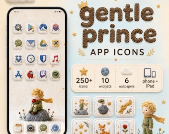 Icônes de l'appli Gentle Prince pour iOS et Android | Icônes iPhone iPad, pack mignon écran d'accueil livre de contes