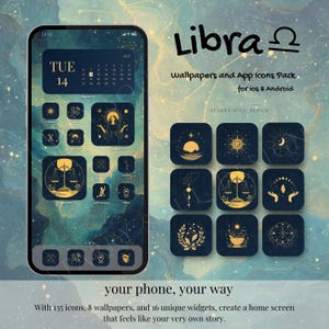 May include: A phone screen displaying a Libra-themed app icon pack with a dark blue and gold color scheme. The pack includes 135 icons, 8 wallpapers, and 16 widgets. The text reads "Libra wallpapers and App Icons Pack for ios & Android."