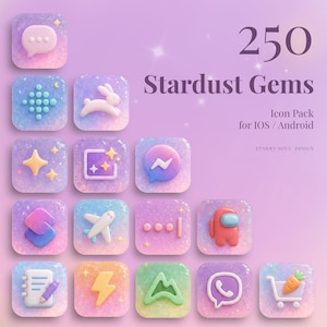 May include: A digital icon pack titled 250 Stardust Gems for iOS and Android, featuring a collection of square app icons with rounded corners. Each icon has a textured, glittery, pastel gradient background with various 3D symbols.