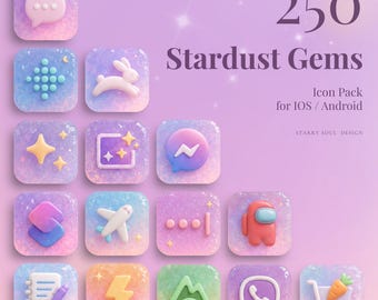 250 icônes d'application Stardust Gems pour iOS et Android | Pack d'icônes 3D en cristal pastel mignon