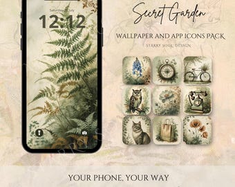 Secret Garden App Icons | Vintage Botanical iOS Android Phone Theme | Green Witchy Nature Icons