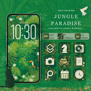 May include: A digital icon pack titled Jungle Paradise by Starry Soul Design, featuring a smartphone display with a lush green jungle wallpaper, a black cat, and a toucan. Includes 250 icons, 8 wallpapers, and 14 widgets with various illustrations.