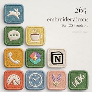 May include: A collection of 265 embroidered icons for iOS and Android, including a rabbit, speech bubble, coffee cup, and phone. The icons are square-shaped with a textured finish, in various colours. The text "embroidery icons" is also visible.