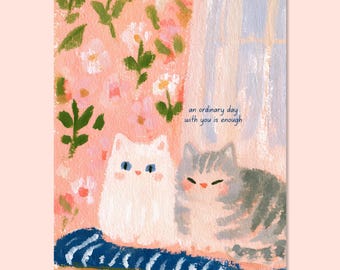 Affiche roulée illustration Chats Cosy | Illustration de chat mignon, fond floral