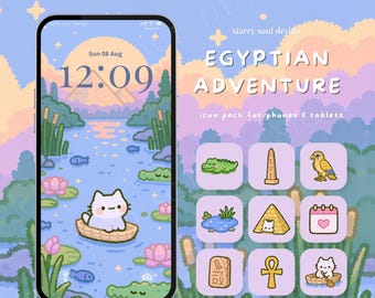 Icônes d'application Aventure Égyptienne, Thème Chat Mignon pour iPhone et iPad, Fonds d'écran Égypte Pastel