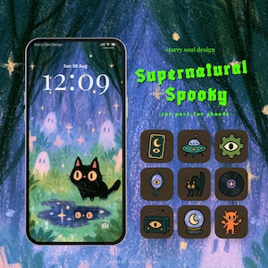 May include: A smartphone displaying a digital wallpaper of a black cat in a forest with ghosts, alongside a grid of nine dark brown app icons featuring illustrations of a tarot card, UFO, gear, mirror, cat, vinyl record, radio, crystal ball, and devil.