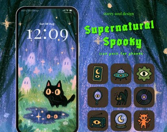 Icônes d'applications surnaturelles et effrayantes, thème chat gothique pour iPhone et iPad, fonds d'écran kawaii