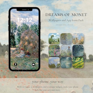 Puede incluir: Un smartphone muestra un fondo de pantalla estilo Monet, con iconos de aplicaciones y el texto "DREAMS OF MONET". La imagen incluye un pajar y el texto "your phone, your way". El producto incluye 127 iconos, 12 fondos de pantalla y 21 widgets.