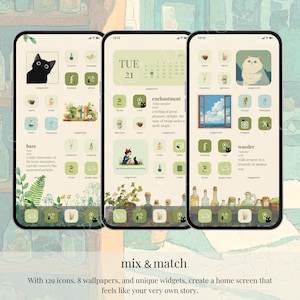 May include: Three smartphones displaying custom home screens with a nature theme. Each screen features unique icons, widgets, and wallpapers. The text "mix & match" and a description of the features are at the bottom.