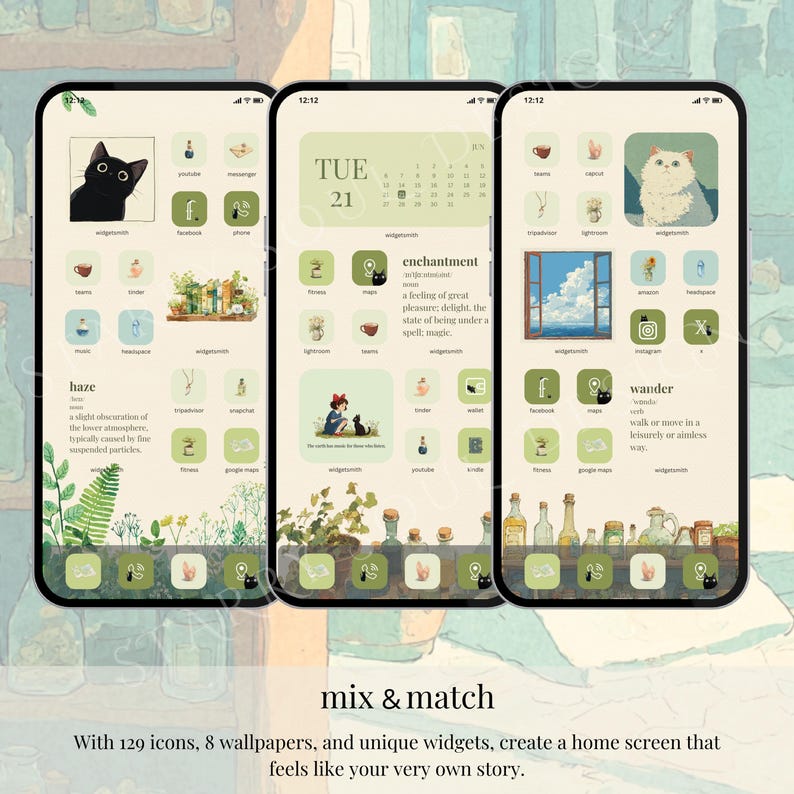 May include: Three smartphones displaying custom home screens with a nature theme. Each screen features unique icons, widgets, and wallpapers. The text "mix & match" and a description of the features are at the bottom.