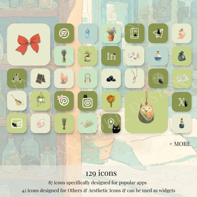 May include: A collection of 129 app icons with a watercolor aesthetic. The icons are square with rounded corners and feature illustrations of a red bow, a cat, a dreamcatcher, and other whimsical designs. The text reads "129 icons".