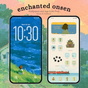 May include: Two smartphones displaying an enchanted onsen theme with wallpapers and app icons. The left screen shows a blue water landscape with a person sitting on grass. The right screen features a widget with text don't forget your name.