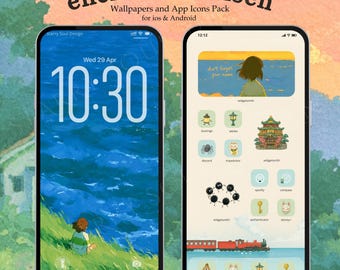 Icônes de l'application Onsen enchanté | Thème iOS et Android inspiré du Studio Ghibli, papiers peints fantaisistes d'anime japonais
