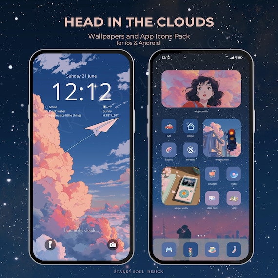 Head in the Clouds App Icons & Wallpapers | Lofi Retro Aesthetic iOS 26 Icons, Japanese Anime City Pop, Nostalgic iPhone Android Theme Pack