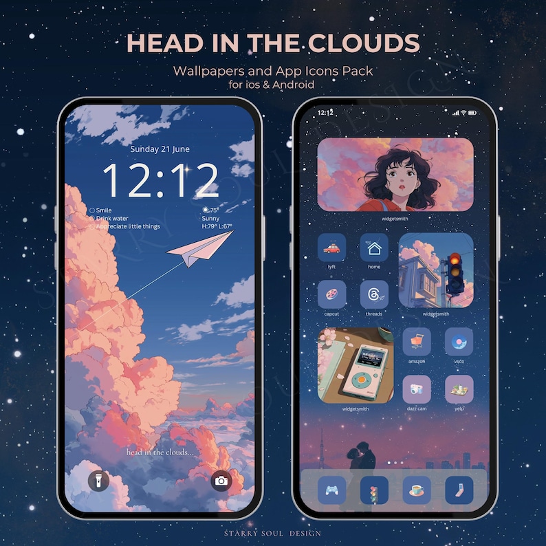 May include: Two smartphones displaying custom wallpapers and app icons. One shows a blue sky with pink clouds and a paper airplane. The other features a girl, clouds, and themed app icons. Text reads "HEAD IN THE CLOUDS."