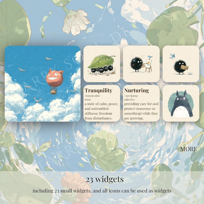 May include: A digital art design featuring a collection of 23 widgets with various illustrations. The widgets include a hot air balloon, cartoon characters, and text descriptions of 'Tranquility' and 'Nurturing'. The background has a sky and water theme.