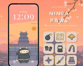 Icônes d'application Chat Ninja pour iPhone, iPad et Android | Thème kawaii pour iPhone et iPad, fonds d'écran mignons d'anime japonais