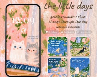 Pack de fonds d'écran et widgets pour téléphone « The Little Days », esthétique chat cosy, fonds d'écran + widgets de citations, téléchargement numérique Slow Living