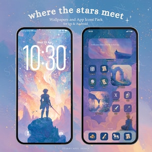 May include: Two smartphones displaying custom home screens. One shows a figure on a mountain with a sword, the other features app icons and a landscape scene. The text "where the stars meet" and "Wallpapers and App Icons Pack" are visible.