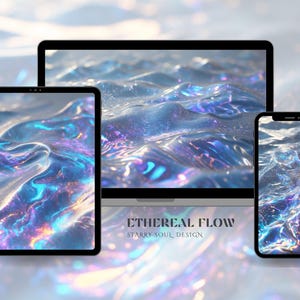 May include: A digital illustration of iridescent blue, purple, and pink liquid waves. The image is displayed on three devices: a laptop, a tablet, and a smartphone. The laptop screen displays the text "ETHEREAL FLOW STARRY SOUL DESIGN".
