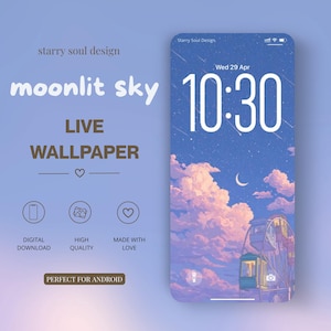 May include: A phone screen displays a "moonlit sky" live wallpaper with a Ferris wheel, clouds, and stars. The time is 10:30 AM on Wednesday, April 29th. The design includes the text "Starry Soul Design", "Digital Download", "High Quality", and "Made with Love".
