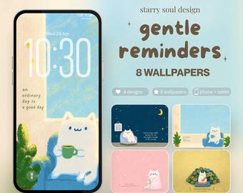 Pack de papier peint chat mignon, rappel doux citation téléphone et papier peint iPad, ensemble de fond numérique pastel