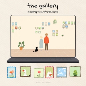 Pode incluir: Um laptop exibe um fundo de tela com tema de galeria, com duas figuras, um gato preto e arte emoldurada. Abaixo, seis designs de ícones com ilustrações florais, animais e paisagens. O texto diz "the gallery desktop & macbook icons" e "STARRY SOUL DESIGN."