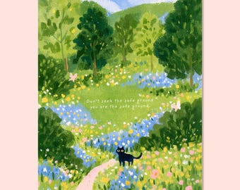 Affiche artistique Chat noir et fleurs sauvages, Décoration murale de jardin fantaisiste, Citation inspirante