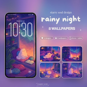 Può includere: Uno smartphone mostra un'illustrazione digitale di un gatto in una finestra, parte di un set di sfondi "notte piovosa". L'immagine include il testo "starry soul design" e "8 sfondi". L'ora sul telefono è 10:30.