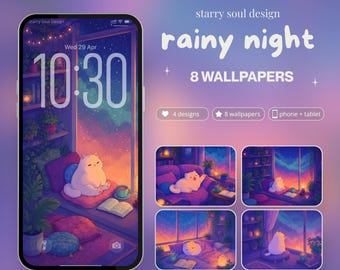 Pack de papiers peints Rainy Night, papier peint chat fantaisiste et confortable pour téléphone et iPad, arrière-plans d'iPhone animés kawaii