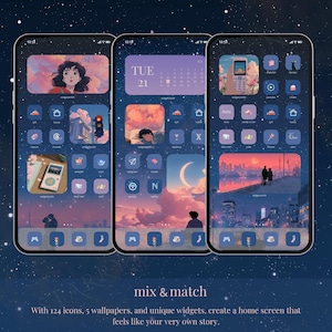 May include: Three smartphones displaying custom home screen designs with a dreamy aesthetic. Each screen features unique widgets, icons, and wallpapers in shades of blue, purple, and orange. The text "mix & match" and a description of the product are visible.