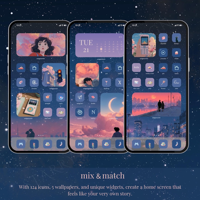 May include: Three smartphones displaying custom home screen designs with a dreamy aesthetic. Each screen features unique widgets, icons, and wallpapers in shades of blue, purple, and orange. The text "mix & match" and a description of the product are visible.