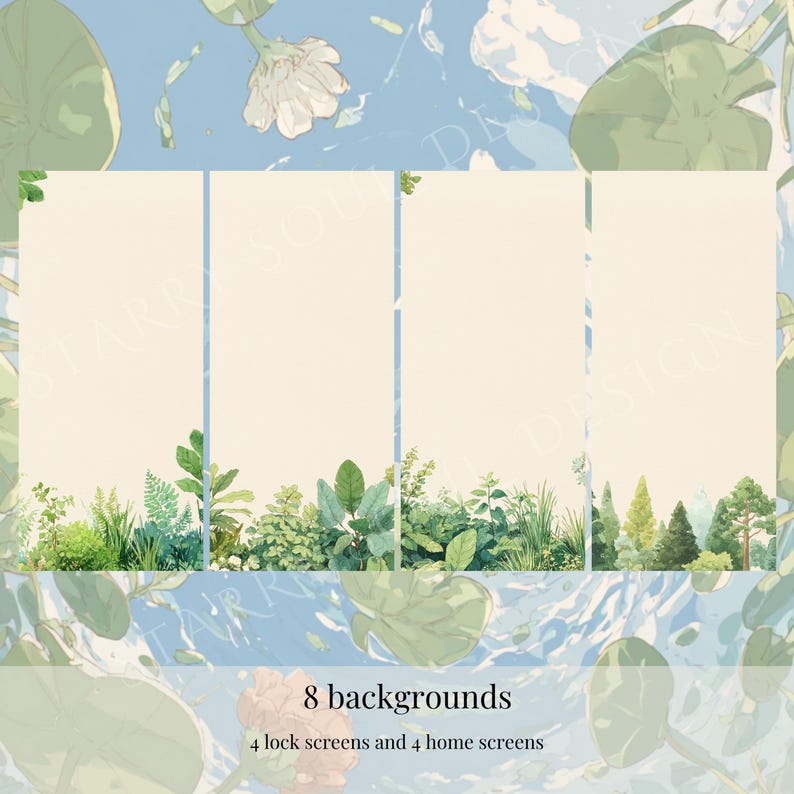 May include: Digital backgrounds with a nature theme. The image shows eight backgrounds, with four lock screens and four home screens. The backgrounds have a light blue sky with water lilies and a variety of green plants at the bottom.