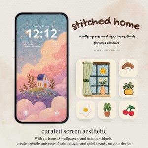 Peut inclure: Un smartphone affiche un fond d'écran aux couleurs pastel avec une maison et des nuages. L'image présente des icônes d'applications et le texte "stitched home wallpapers and App Icons Pack for ios & Android". La phrase "curated screen aesthetic" est également visible.