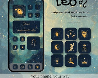 Löwe Sternzeichen App Icons | Himmlisches Astrologie-Hexenkern-Thema Telefon | Dark Academia Ästhetik | iOS Android Startbildschirm Mystisch Minimal