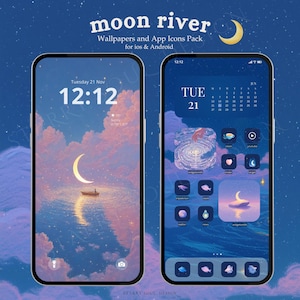 Könnte beinhalten: Zwei Smartphones mit dem Thema "Moon River". Das linke Telefon zeigt einen Mond über Wasser mit einem Boot, das rechte Telefon hat App-Symbole. Das Thema umfasst Hintergrundbilder und App-Symbole für iOS und Android.