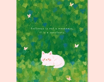 Affiche Chat Vert, Décoration Murale Botanique Fantaisiste avec Citation Douceur