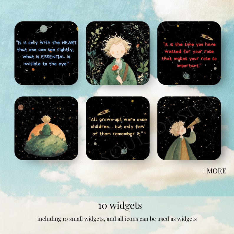 Little Prince Widgets | Whimsical Storybook IOS Android Theme | Cute Kawaii Celestial Dark Witchy Aesthetic Phone Theme Widgets