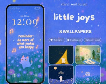 Pack de fonds d'écran Chat mignon, Citation positive Little Joys pour téléphone et iPad, Ensemble de fonds d'écran numériques pastel