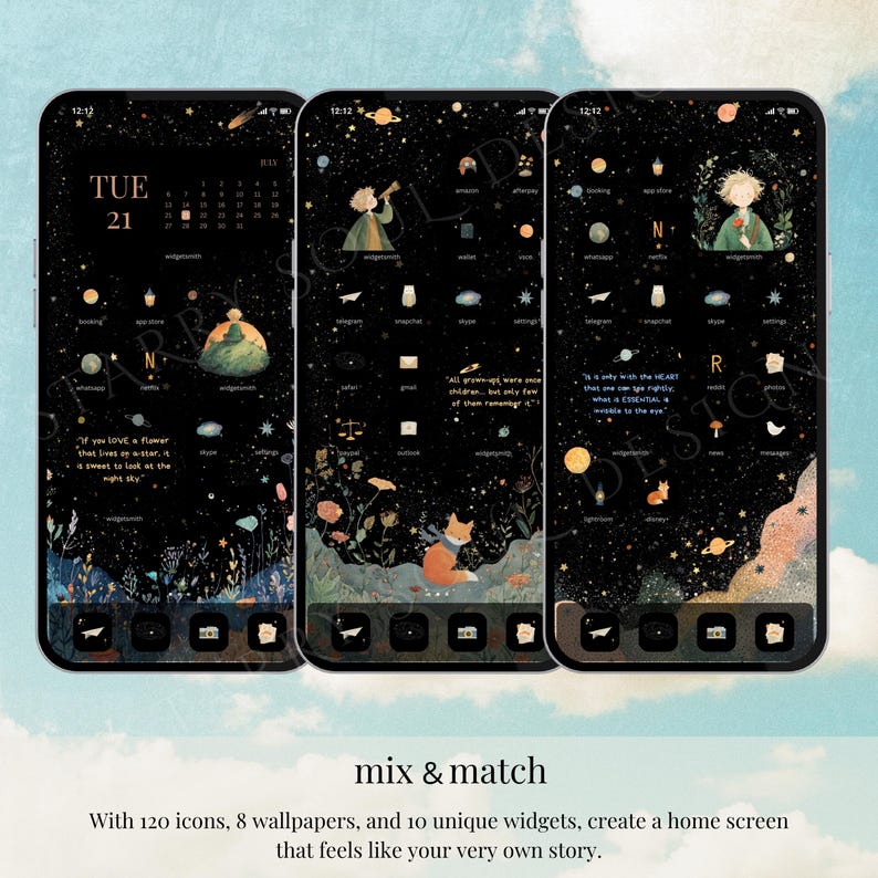 Little Prince Wallpaper & App Icons Pack | Whimsical Storybook IOS Android Theme | Cute Kawaii Celestial Dark Witchy Aesthetic Phone Theme oh Phone