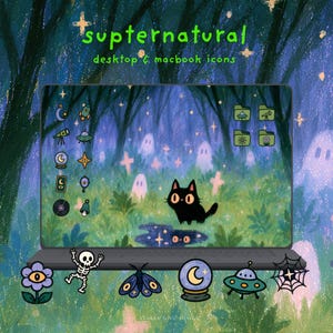 May include: A laptop screen displaying a digital wallpaper with a black cat in a forest with ghosts, featuring the text "supternatural desktop & macbook icons". The screen shows various icons including a rocket, telescope, and UFO, with additional icons below.