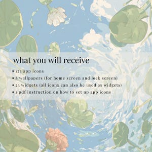 May include: An artistic digital graphic with a light blue and green watercolor background. The text "what you will receive" is displayed, followed by a list of digital items: 123 app icons, 8 wallpapers, 23 widgets, and a PDF instruction.
