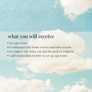 Op de afbeelding: Afbeelding met een hemelsblauwe achtergrond en witte wolken. Tekst: "wat je ontvangt" gevolgd door een lijst: 120 app-iconen, 8 wallpapers, 10 widgets en 1 pdf-instructie over het instellen van app-iconen.