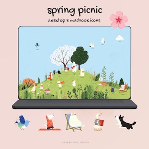 Peut inclure: Un ordinateur portable affiche une scène de pique-nique printanier fantaisiste avec des animaux de dessin animé sur une colline herbeuse. L'écran affiche le texte "spring picnic desktop & macbook icons". En dessous, des icônes d'un oiseau bleu, d'un chien faisant du yoga, d'un chat dans une chaise, d'une oie avec un accordéon et d'un chien noir et blanc.