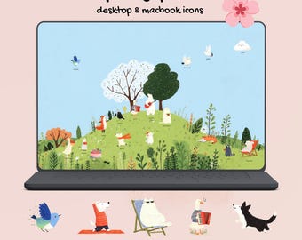 Ensemble d'icônes de bureau de pique-nique de printemps | Organiseur de bureau et MacBook Animal mignon