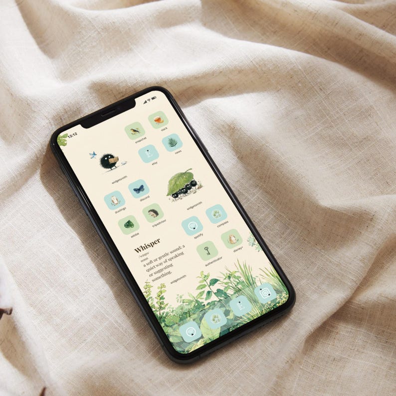 May include: A smartphone displays a custom home screen with nature-themed app icons. The icons feature illustrations of birds, leaves, and insects. The background is a soft beige with a green and blue color scheme. The word "Whisper" is displayed on the screen.