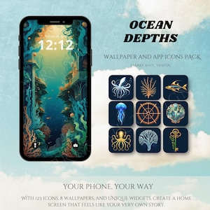 May include: A phone screen displaying a digital clock with the time 12:12. The background is a dark blue ocean scene with coral reefs and a waterfall. The text "OCEAN DEPTHS" is displayed above the phone screen. Below the phone screen is the text "WALLPAPER AND APP ICONS PACK" and "STARRY SOUL DESIGN". Below that is a grid of nine app icons with various ocean-themed designs, including an octopus, a jellyfish, a ship's wheel, and a seashell. The text "YOUR PHONE, YOUR WAY" is displayed below the grid of icons. Below that is the text "WITH 123 ICONS, 8 WALLPAPERS, AND UNIQUE WIDGETS, CREATE A HOME SCREEN THAT FEELS LIKE YOUR VERY OWN STORY."